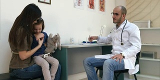 男儿科医生用手检查小女孩的头部温度，并给她温度计