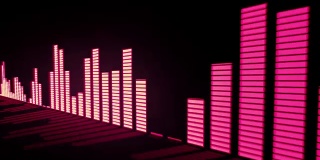 3D动画:音乐控制关卡。辉光红-粉橙色音频均衡器条移动与反射镜表面。黑色背景。深。滑动。