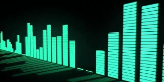 3D动画:音乐控制关卡。辉光绿色-蓝色绿松石色音频均衡器条移动与反射镜表面。黑色背景。深。滑动。