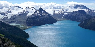 从山顶俯瞰蓝绿色的湖泊