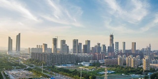 南京河西新城城市景观的时间流逝，日落，中国