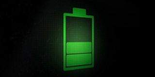 3d动画:黑色像素屏幕上的充电电池图标为绿色的动画背景。垂直的。镜头转向右侧。缩放。增加了。