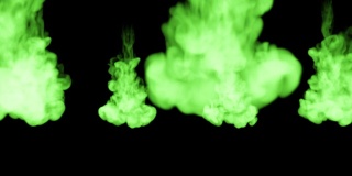 荧光亮绿色的水，许多滴墨。这是3d渲染镜头在墨色背景或墨色效果在合成与alpha通道，使用光磨