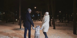 快乐的一家人在傍晚的冬季公园散步
