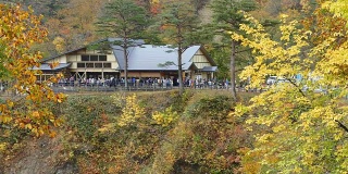 日本鸣子峡谷的秋色和漂亮的蓝色和云彩背景