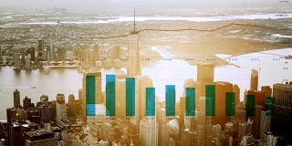 全球数据收集:市长城市背景与动画图表在前景。