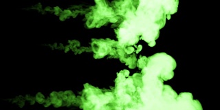 荧光亮丽的绿色在水中流动，许多滴墨。这是3d渲染镜头在墨色背景或墨色效果在合成与alpha通道，使用光磨