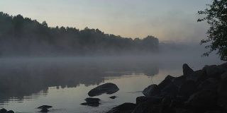 宁静宁静的田园诗般的景色，在夏日清晨的湖面上有雾。有雾的黎明。四季概念、生态、环境、休闲、旅游