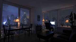 令人惊叹的高层公寓阁楼在晚上。城市生活方式背景。视频素材模板下载