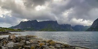 时间流逝拍摄罗浮敦群岛全景在挪威日落风景