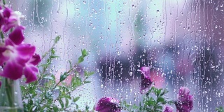 美丽的紫花后湿窗随雨滴，模糊了街道散景。概念春季天气、季节、现代城市生活方式