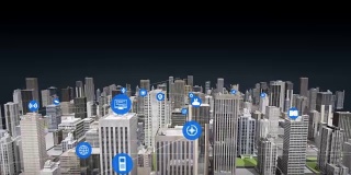 智慧城市的各种事物传感器图标，连接“物联网”技术。真正的建筑。