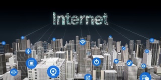 智慧城市上各种事物传感器图标，连接互联网技术。真正的建筑。
