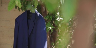 新娘的外套挂在花园里的一棵树上