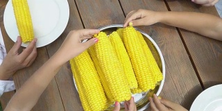 在花园里举行家庭吃玉米比赛。孩子们开心地吃着甜玉米芯