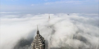 时间流逝的上海城市景观和城市天际线与云海