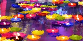 浮花烛在水中为佛家造功。五颜六色的蜡烛莲花。在曼谷