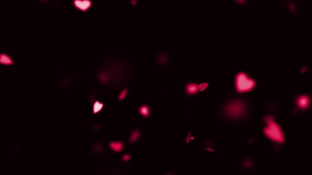 红色缤纷的心飞翔的动画在黑色的背景，爱和情人节，关系