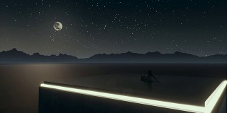 一个孤独的女人在超现实的风景中看着夜空