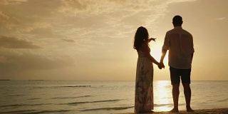 年轻的夫妇手牵着手，面对着大海和夕阳。快乐的蜜月