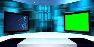 有一张桌子和两个电视屏幕的虚拟工作室。虚拟电视演播室是设计用来作为虚拟背景的绿色屏幕或色度键视频制作。无缝循环。