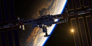 在地球和太阳升起的背景下的国际空间站飞行。
