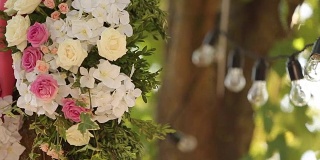 灯泡、花环和鲜花组成。挂在树上的电灯作为节日装饰的特写架焦点