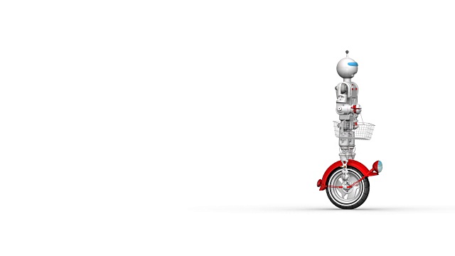 机器人骑着独轮车带着购物篮移动