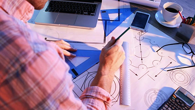 一名男建筑师在他的办公桌上绘制蓝图