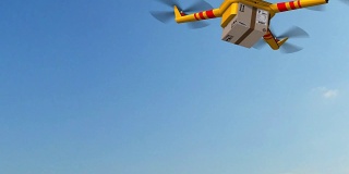 无人机送货-无人机在晴朗的天气和蓝天下运送一个纸箱包裹