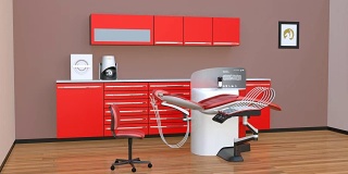 牙科办公室内部配备红色单元设备和橱柜