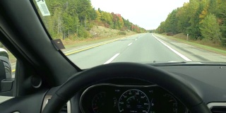 司机的视角:在空旷的高速公路上行驶，穿过绚丽多彩的森林