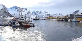 冬天，挪威北部的霍赛岛港口的渔船