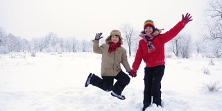 两个孩子在冬天的风景上一起跳