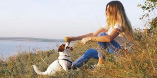 年轻迷人的女人与一只狗杰克罗素在日落与大海背景的草地上玩耍。慢动作