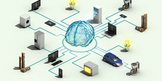 数字大脑连接智能家电技术概念，三维动画。
