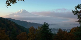 富士山的全景，雾海和红色的枫叶在秋天的早晨
