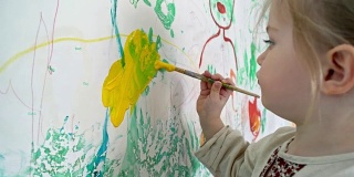 小男孩在他房间的墙上画画