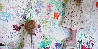小孩子在他们房间的墙上画画