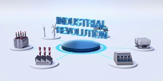 智能工厂，太阳能电池板，风力发电机，水电连接物联网。“工业革命”