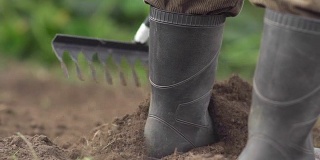 木柄金属耙铺展平整地面。发酵用除草耙分级土壤，园林户外活动缓慢