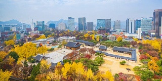 韩国首尔德sugung皇宫和首尔市政厅的秋天。