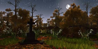 阴森的暗夜森林里的古老墓碑