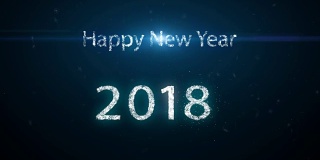 动画动作背景，Happy new year 2018文字与小颗粒和蓝色光束射线效果，雪花落下背景。