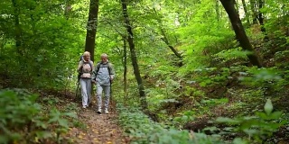 一对兴高采烈的年老游客在树林里的小路上散步