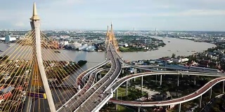 泰国曼谷市景，湄南河上的普密蓬大桥鸟瞰图
