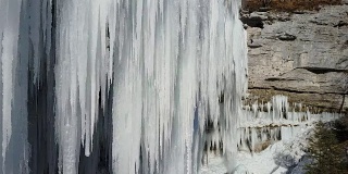 空中特写壮观的高山瀑布在冬末冻结成冰柱