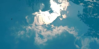 蓝天和白云倒映在池水里