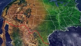 美国地图和与墨西哥边境，美国地图与浮雕和北美山脉与墙分隔美国与墨西哥边境视频素材模板下载