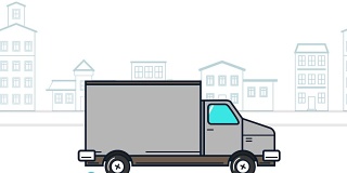 以城市为背景的货车动画。二维动画。移动的城市背景。卡通车